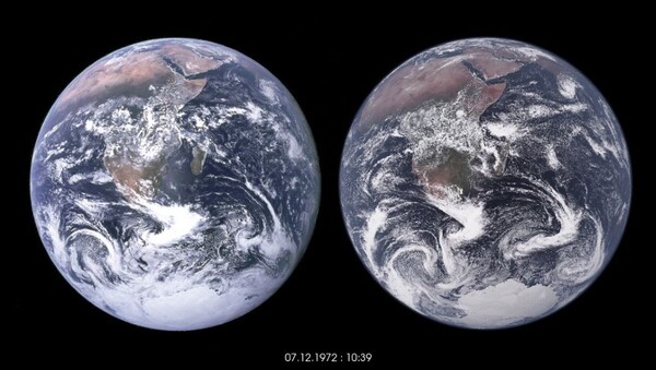 사진은 왼쪽부터 1972년에 촬영된 지구, 육지 및 해양에 대한 시뮬레이션의 데이터 시각화. [사진제공 = NASA, MPI-M, DKRZ]